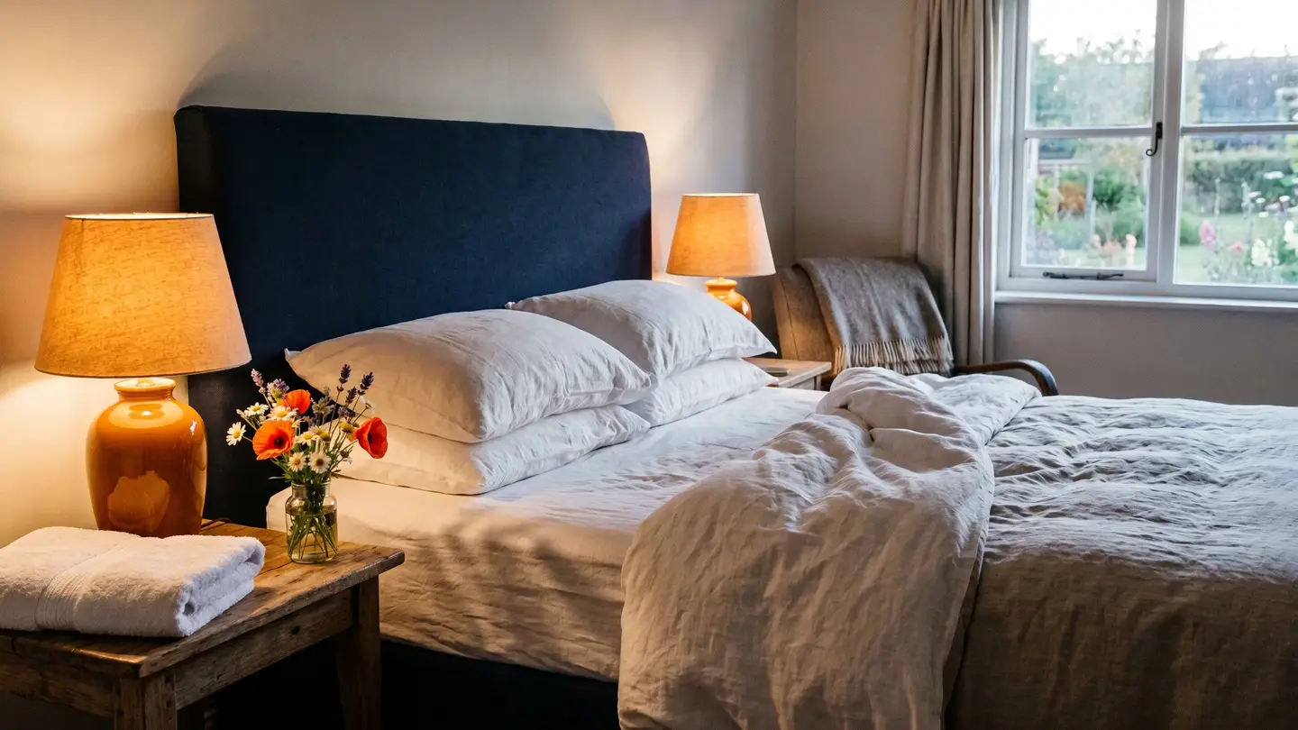 A turned-down guest bed with a navy headboard and a lit bedside lamp