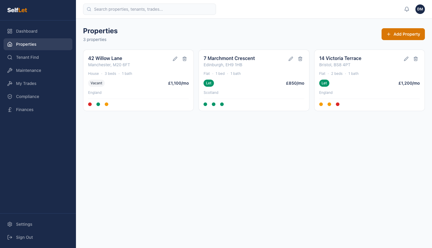 SelfLet add property form with address, property details, and compliance fields