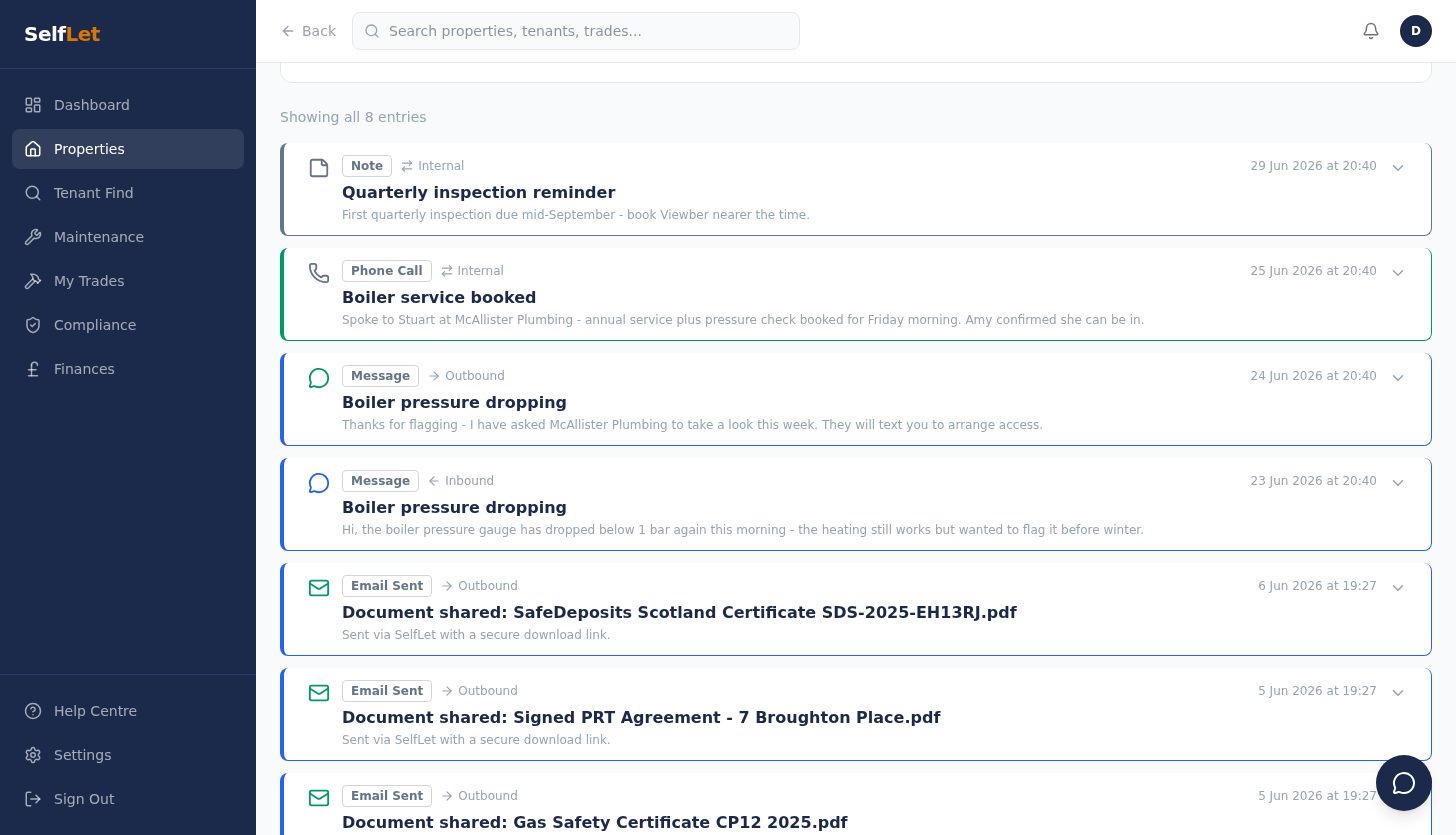 SelfLet comms log showing timestamped notes, calls, messages and document shares with a tenant