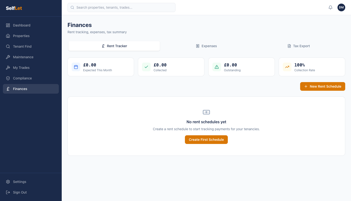 SelfLet finances page showing rent tracker with expected, collected, and outstanding amounts