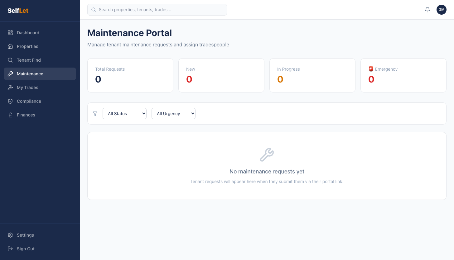 SelfLet move-in checklist showing landlord setup tasks and tenant confirmation items
