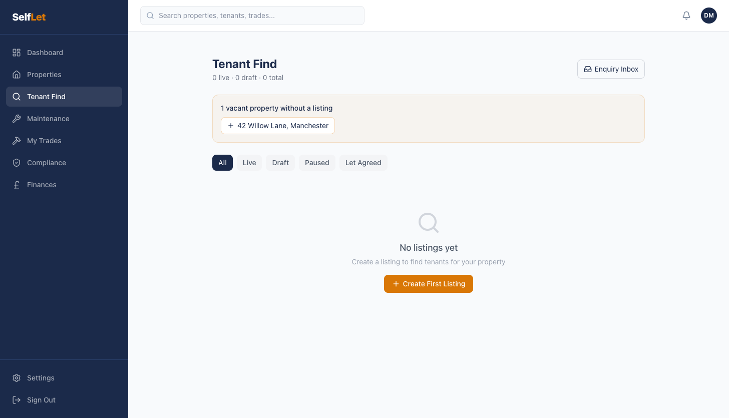 SelfLet tenant find listing builder with 6-step wizard for creating property listings