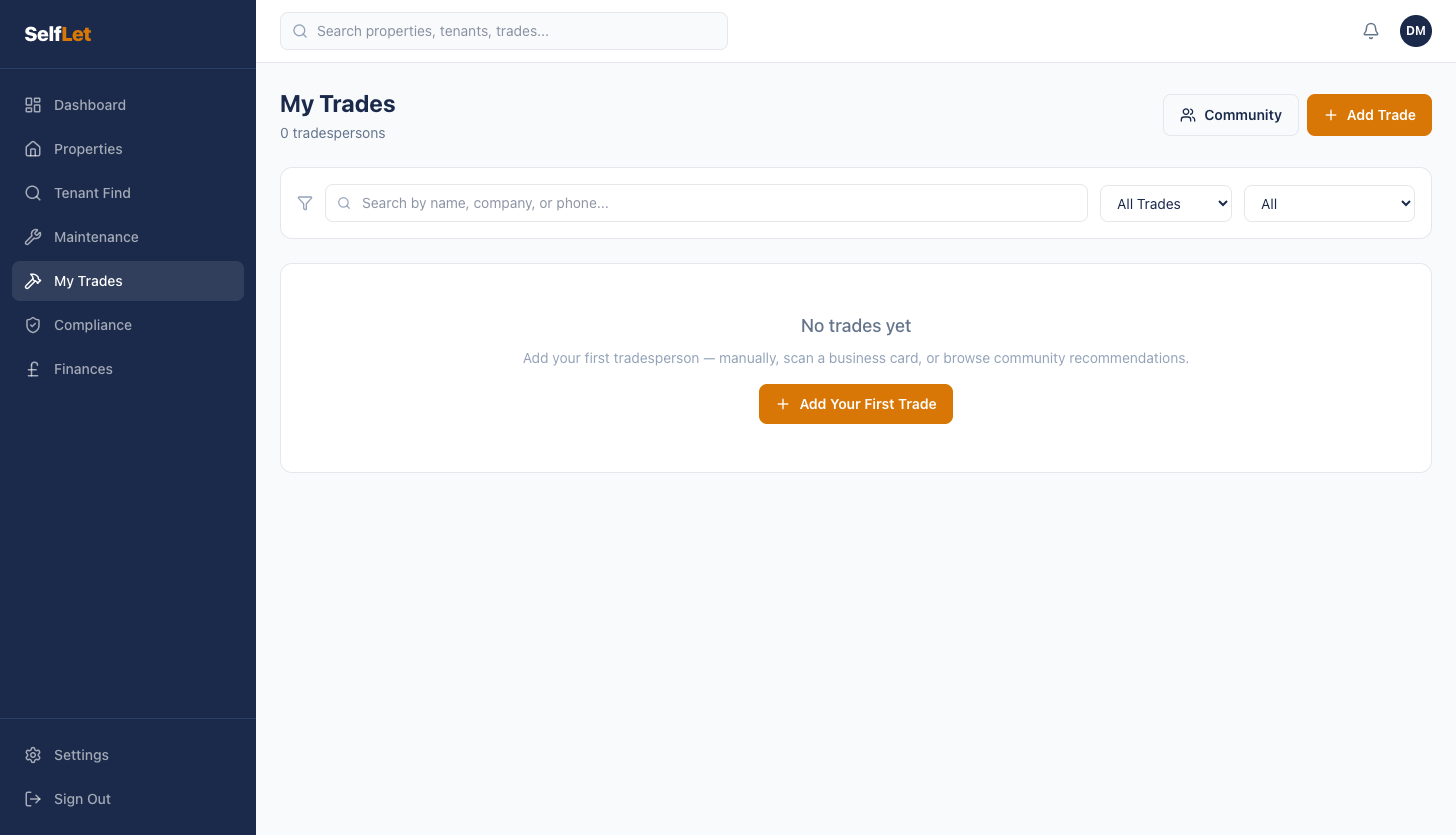 SelfLet add tradesperson modal with business card scanning and manual entry options